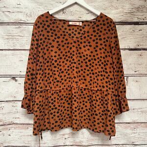 EVRI Polka Dot Ruffle Blouse 3/4 Sleeve Plus Size 1X Brown Black Boho Top